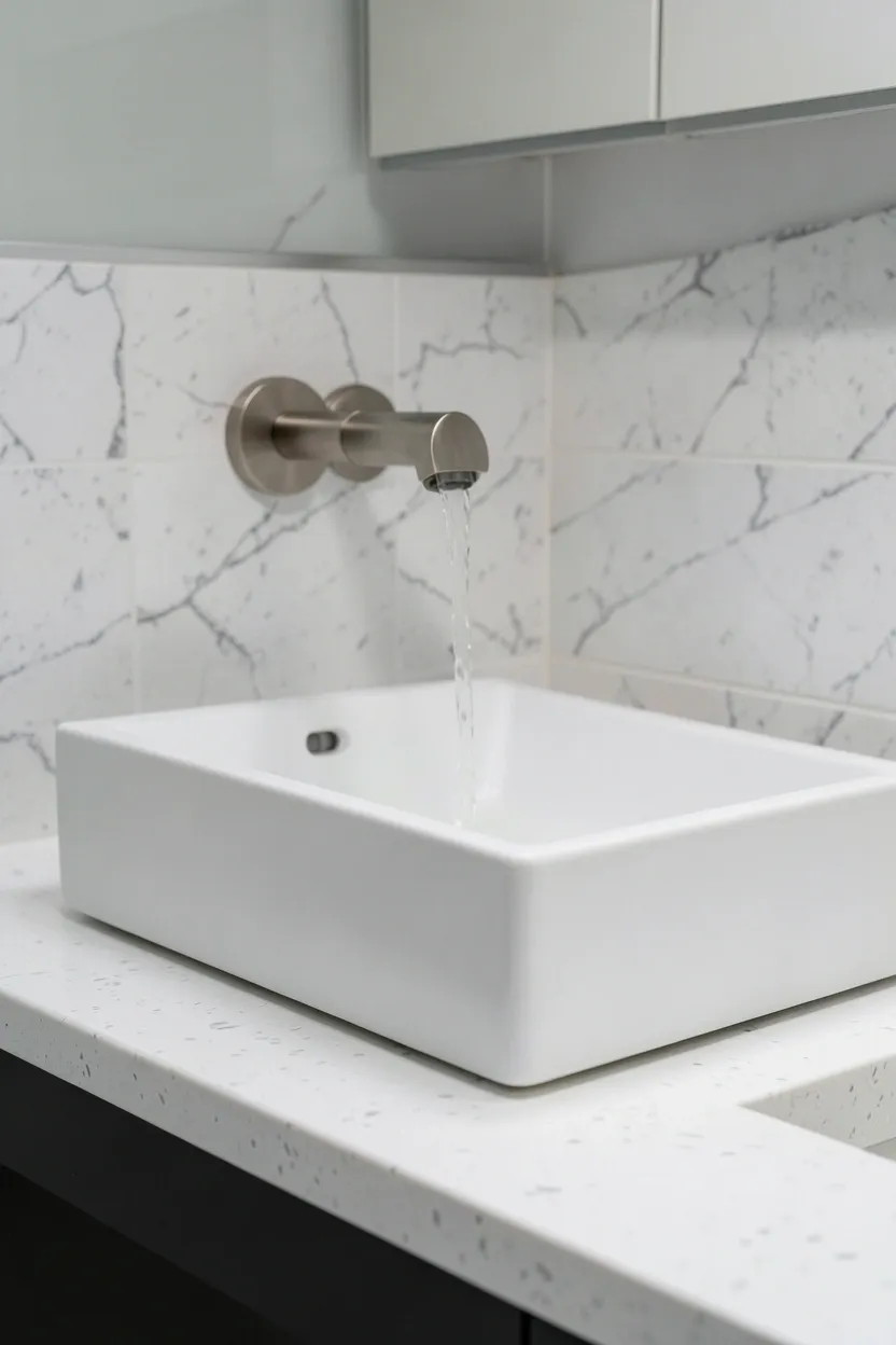 Wall-mounted matte black faucet with white rectangular vessel sink on quartz countertop in a compact modern bathroom