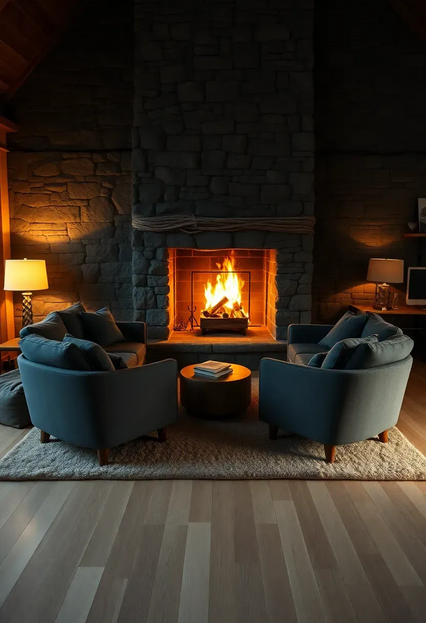Hyper-realistic 3/4 view of living room with dark grey couch facing stone fireplace, hearth with logs, two matching grey armchairs creating conversation circle, large rug under seating area, fire burning. Materials: charcoal fabric, grey stone fireplace surround, light oak floor, wool rug, fire glow. Warm ambient light from fire plus warm ambient floor lamp, flickering fire shadows. Fireplace focal mood like cozy mountain cabin. Shallow depth of field, visible stone texture and fire detail. No text, no logos, no watermarks.</p>