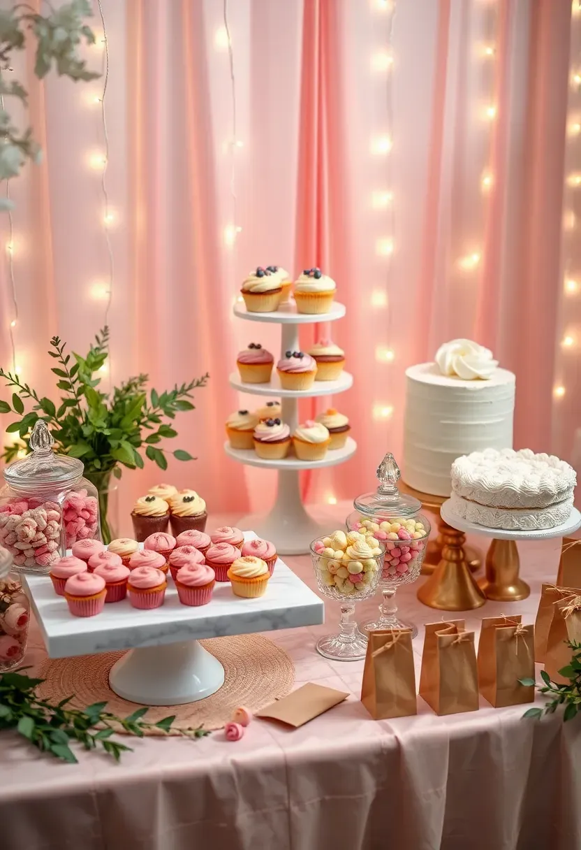 Dessert bar display table with tiered cake stands, cupcakes, macarons, candy jars, and a decorative backdrop