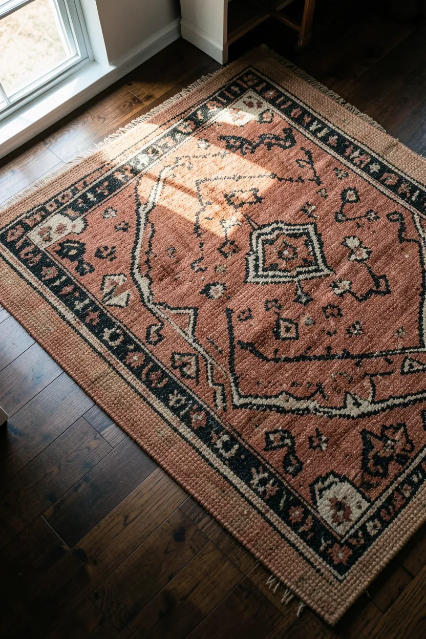 Dark boho bedroom with black accent wall, terracotta bedding and ceramic vases, and warm wood furniture