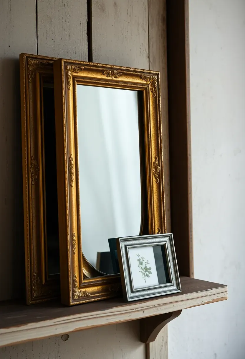 layered antique frames and mirror on a distressed wood shelf