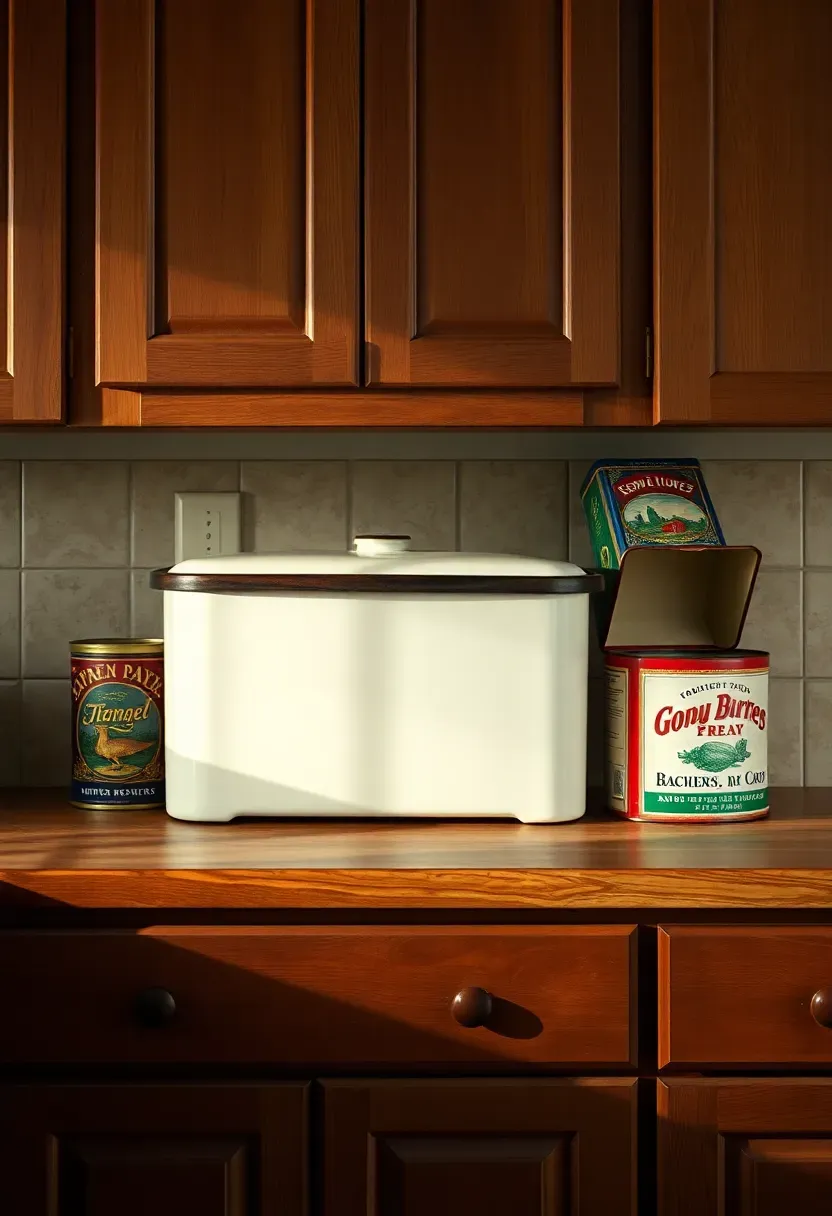 Vintage bread boxes and advertising tins grouped above farmhouse kitchen cabinets