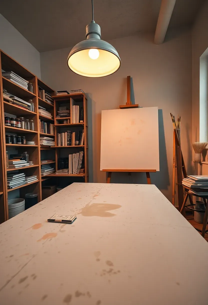 Creative studio workspace with birch art table, paint-stained surface, glass jar brushes, aluminum drafting lamp and canvas against wall