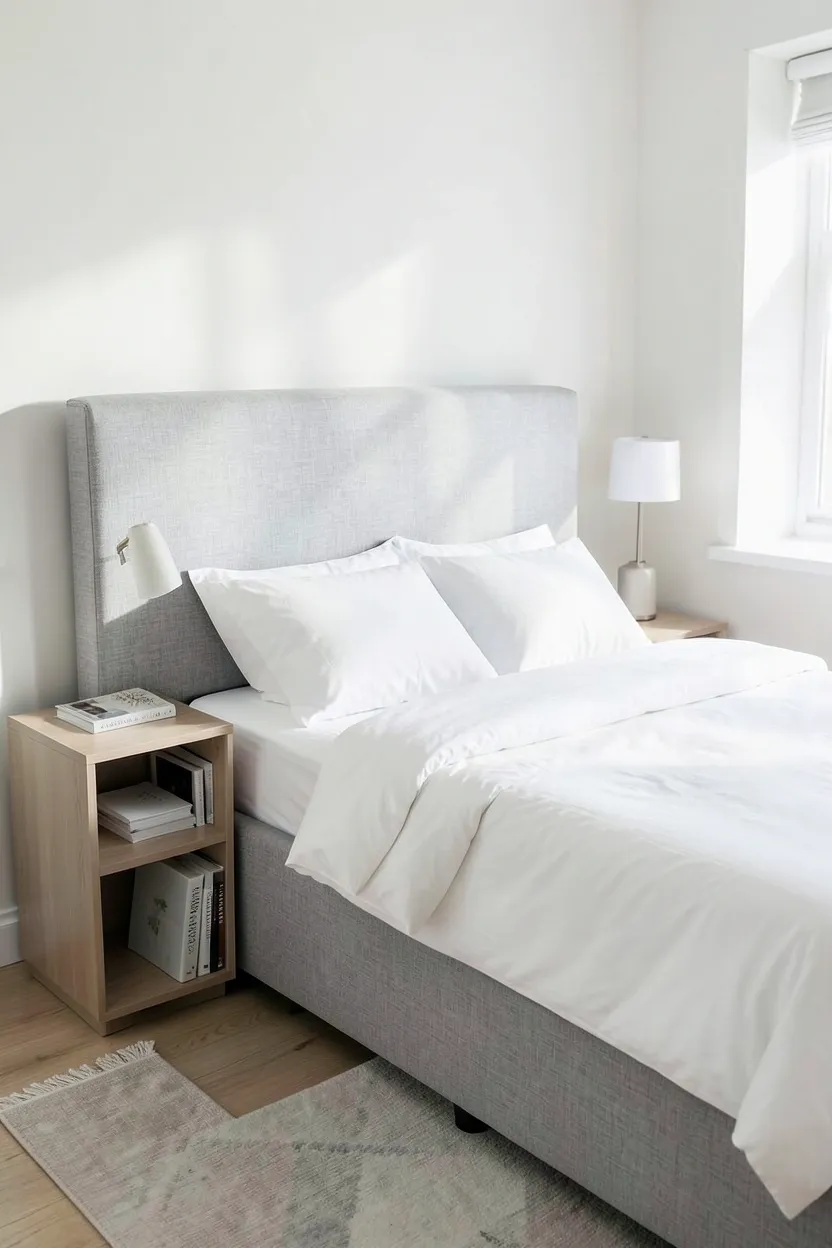 Upholstered ottoman bed in light gray fabric with hydraulic lift storage revealed underneath, ideal for small bedroom storage