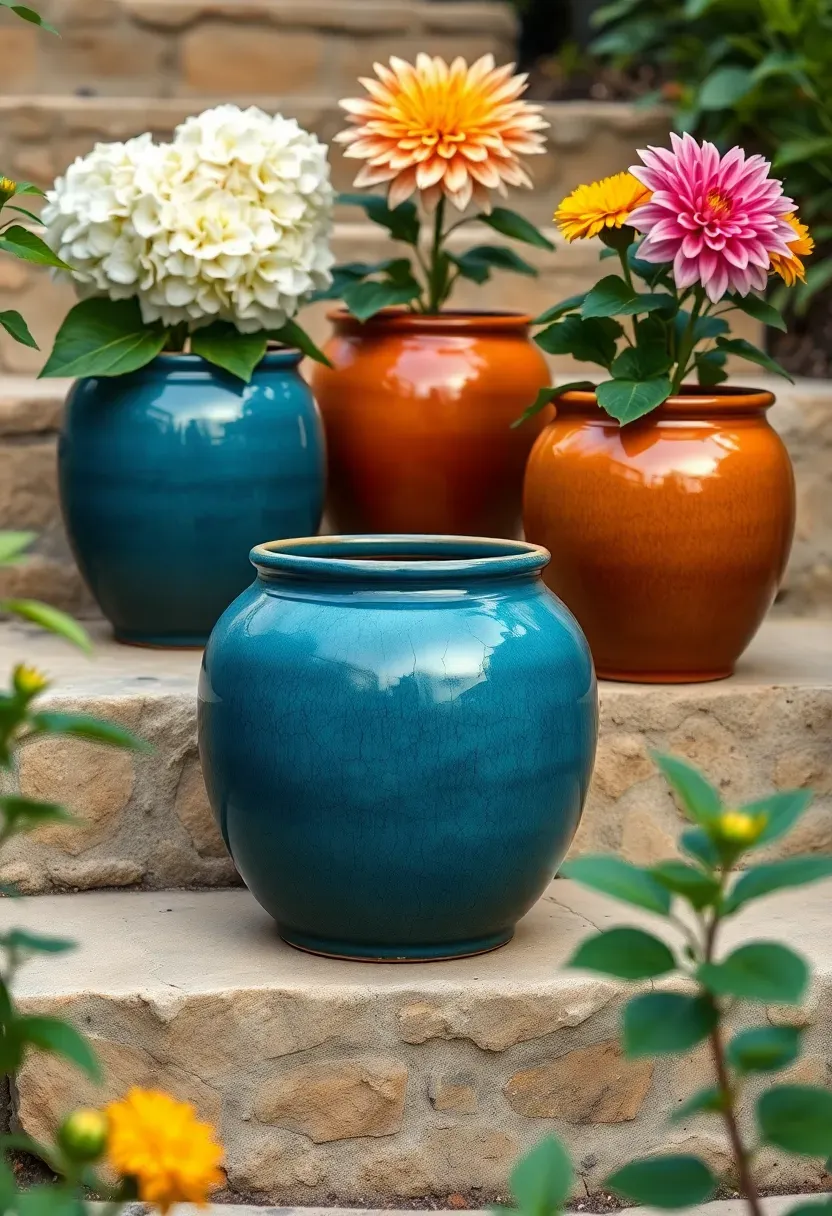 Collection of colorful glazed ceramic pots in teal blue and amber arranged on stone steps leading into a garden with blooming flowers