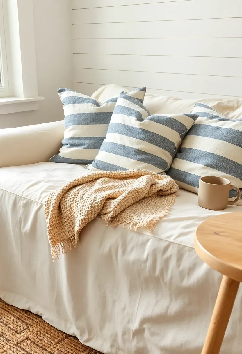 Deep linen sofa in natural cream with vintage grain-sack pillows in faded blue stripes and a chunky knit throw in a bright farmhouse sunroom