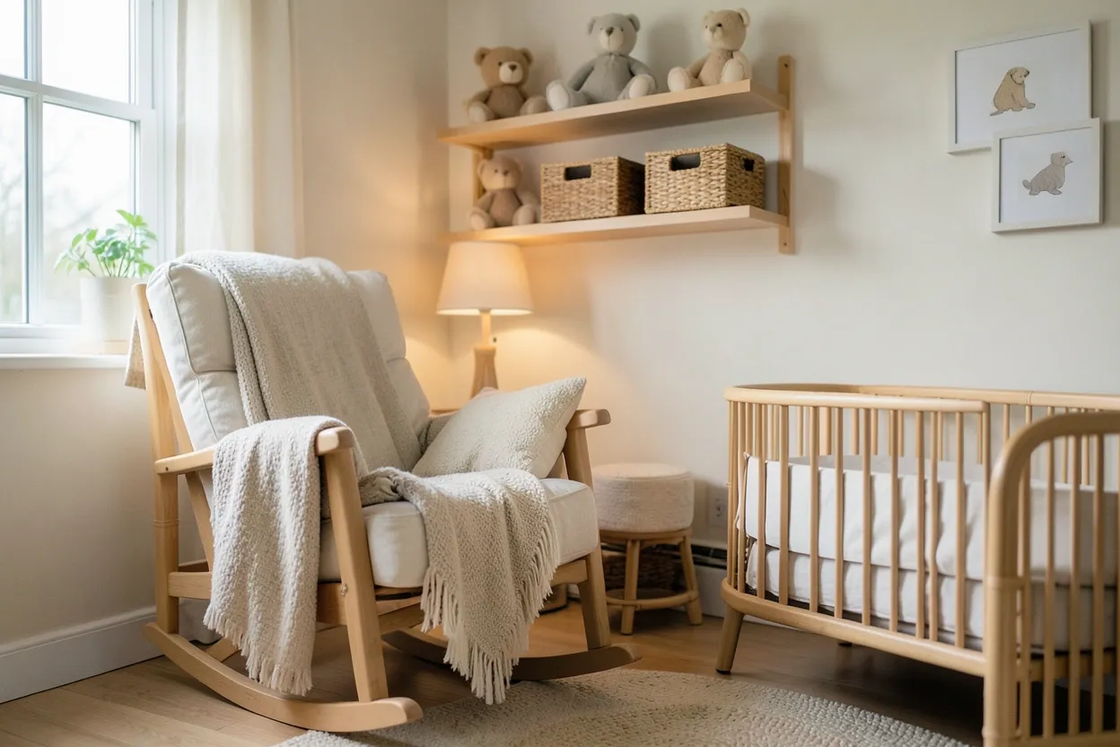 Cozy nursery corner in a master bedroom with soft lighting, a bassinet, and rocking chair for bonding