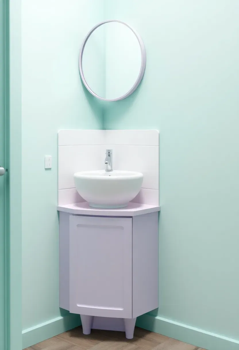 White corner sink with lavender under-cabinet storage in a small apartment bathroom with mint green walls — space-saving solution for tight layouts