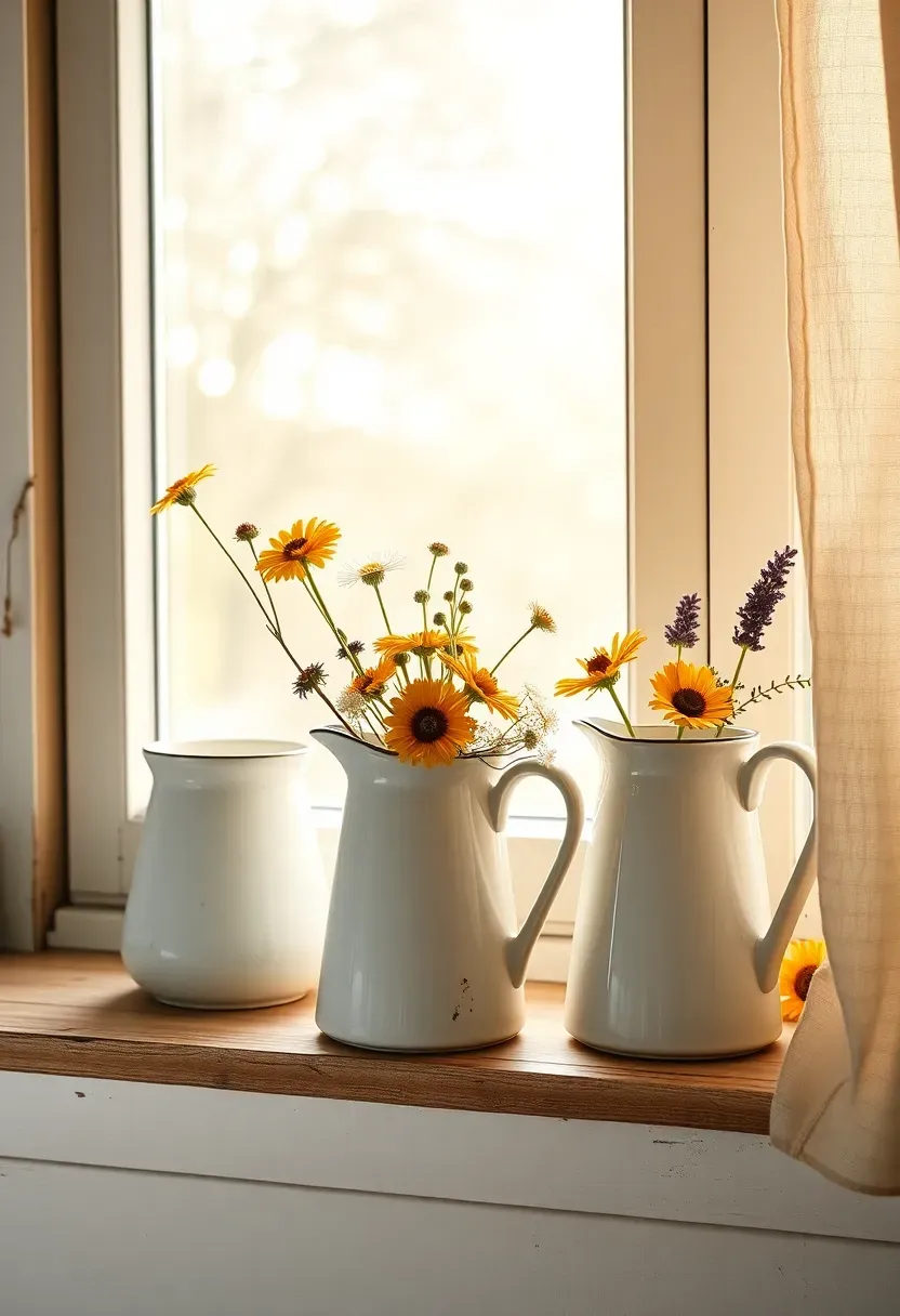 Vintage white enamel pitchers holding wildflower arrangements on a farmhouse sunroom windowsill with soft light and a linen curtain alongside