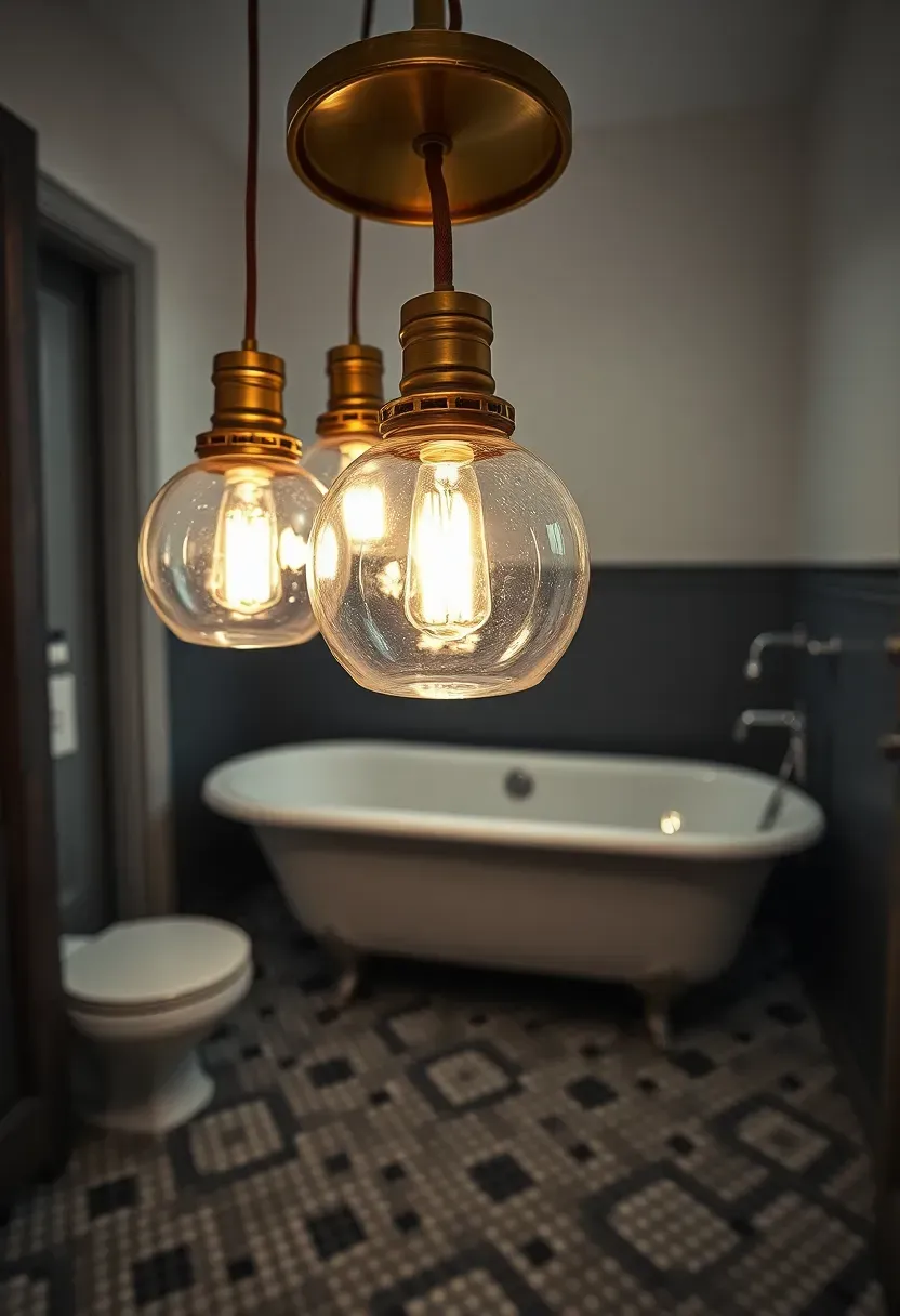 Cluster of mercury glass pendant lights with silvered finish hanging at different heights in a vintage bathroom