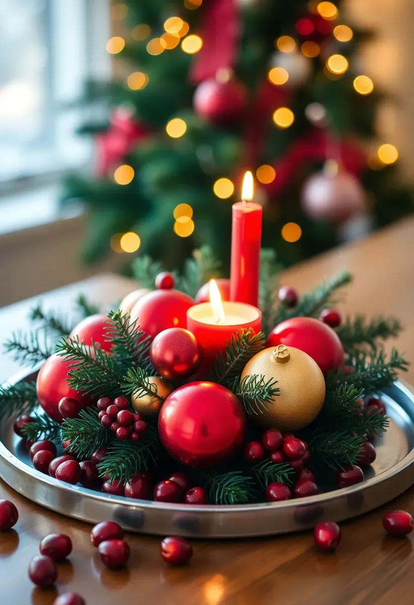 Round tray on a bookshelf displaying travel souvenirs including a tiny ceramic figurine, vintage postcard from Paris, and brass compass
