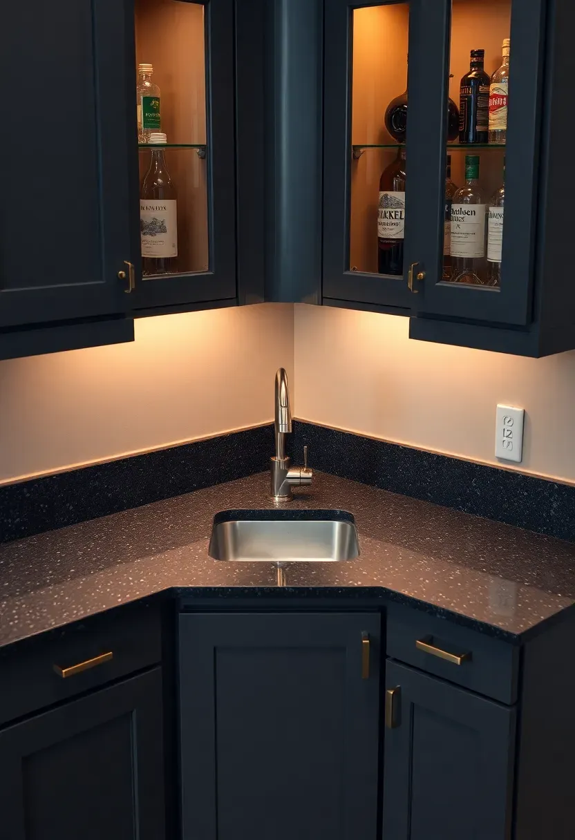 compact corner wet bar with small stainless steel sink undermounted in dark quartz countertop with glass-front cabinets above