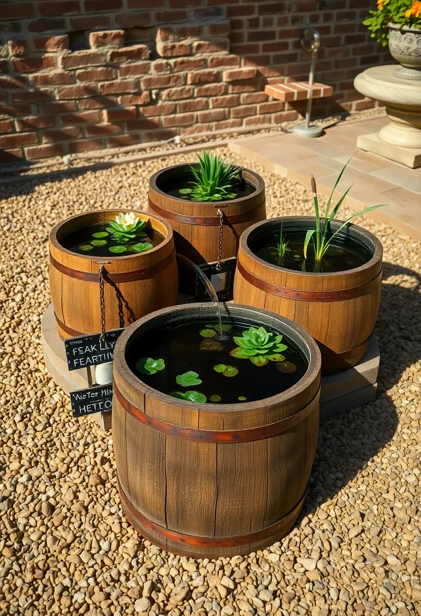 Three wooden half-barrel ponds of different sizes arranged on a gravel patio, each with water plants and a small bubbler