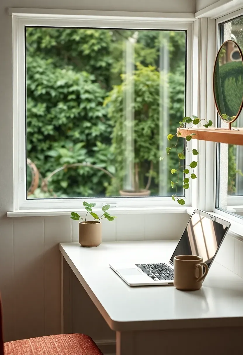 She shed garden home office with slim white lacquered desk, wide picture window overlooking lush garden, open laptop, ceramic mug, and trailing pothos on oak shelf