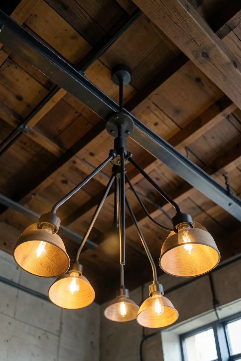 Industrial iron and wood pendant light fixture hanging over a modern rustic living room seating area with warm amber glow