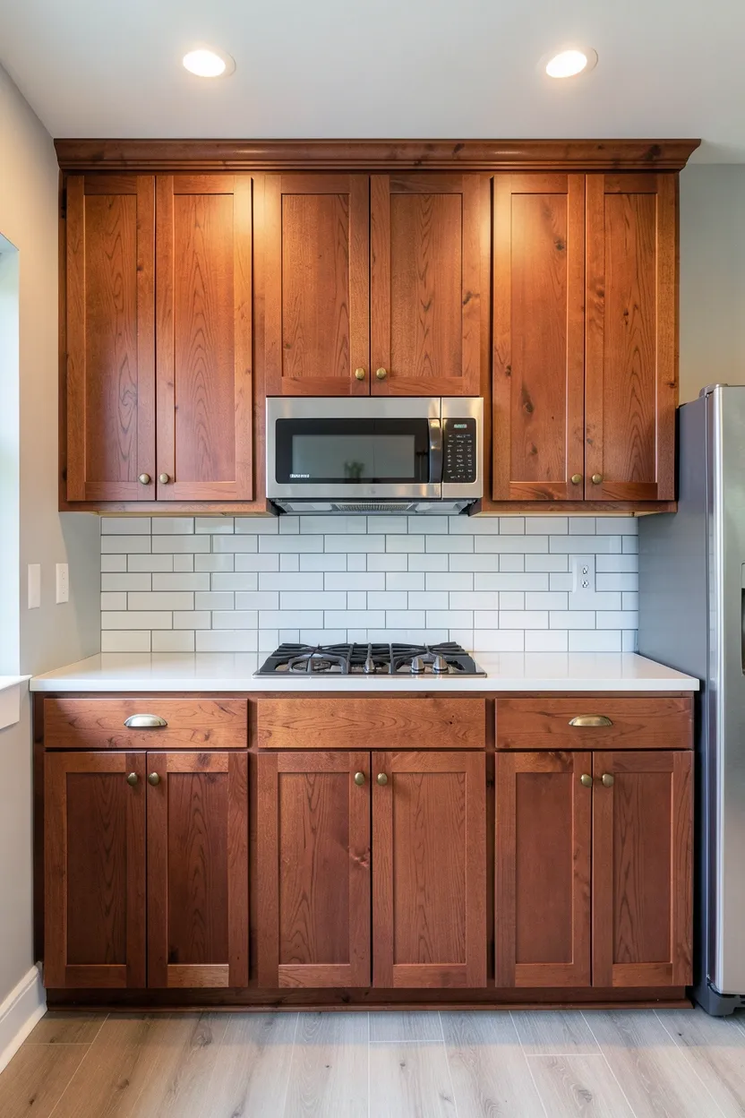 Rich cherry wood kitchen cabinets with unlacquered brass hardware in a warm traditional kitchen design