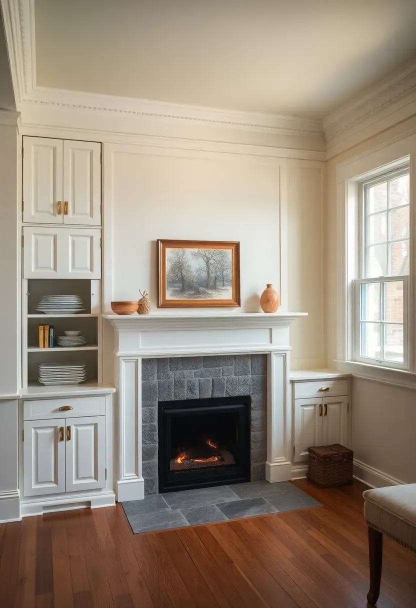 Hyper-realistic straight-on view of built-in cabinetry flanking a small colonial fireplace. Cabinets feature raised-panel doors, colonial crown molding at ceiling, and detailed base molding. Materials: painted white cabinetry with brass bin pulls, interior showing organized dishes and books, bluestone hearth. Warm ambient light from fire and multi-pane window right, highlighting architectural details. Shallow depth of field showing cabinet hardware and interior contents. Visible room context—cream walls, wide-plank floors. Elegant colonial mood like restored historic home, functional beauty.</p>