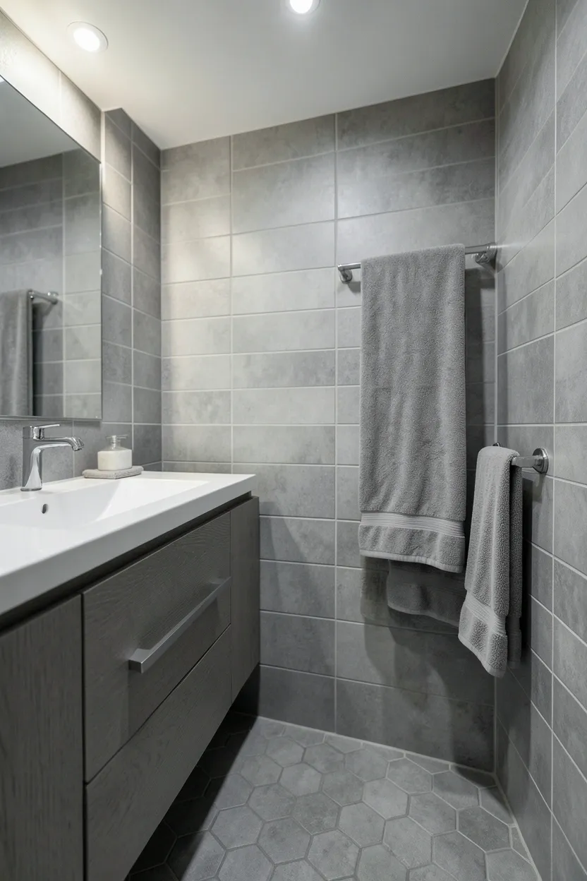 Monochromatic grey bathroom layering multiple grey shades and textures including matte tiles, woven textiles, and stone