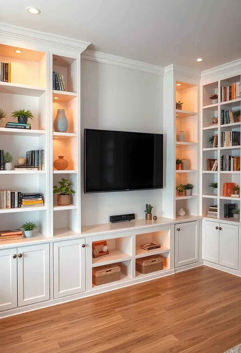 Built-in white bookshelves surrounding a mounted TV in a finished basement with books, plants, and decorative objects on shelves