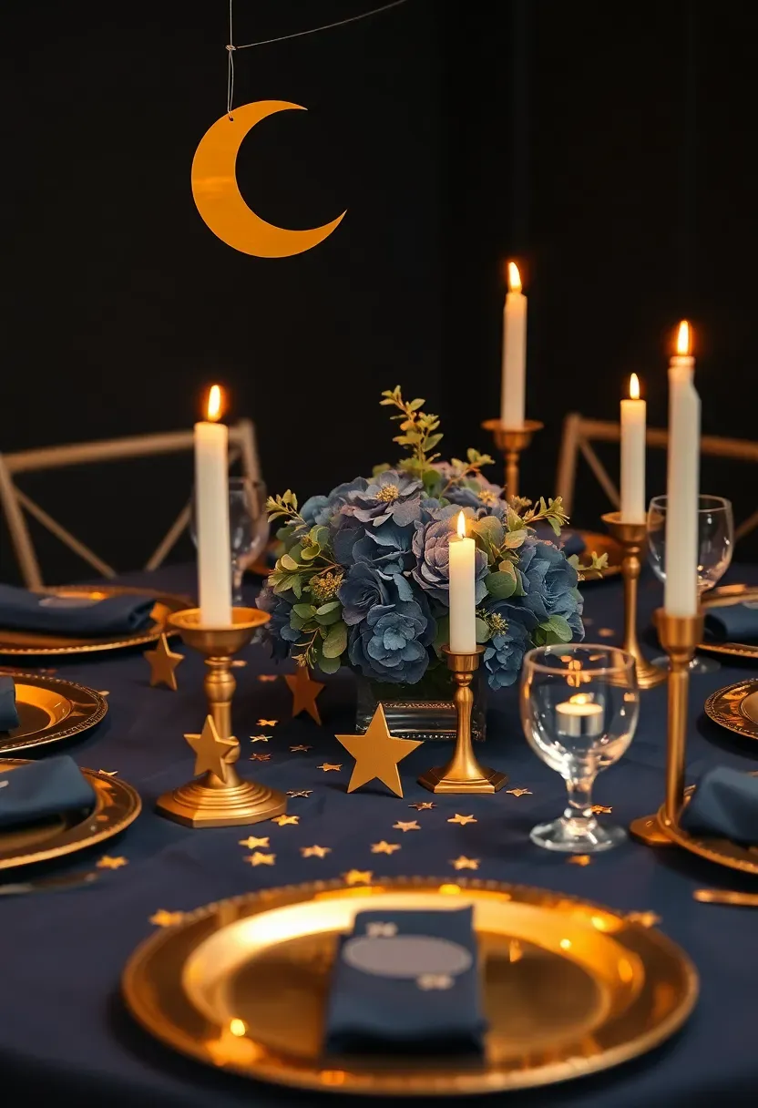 celestial moon and stars baby shower with navy and gold crescent decorations and candles