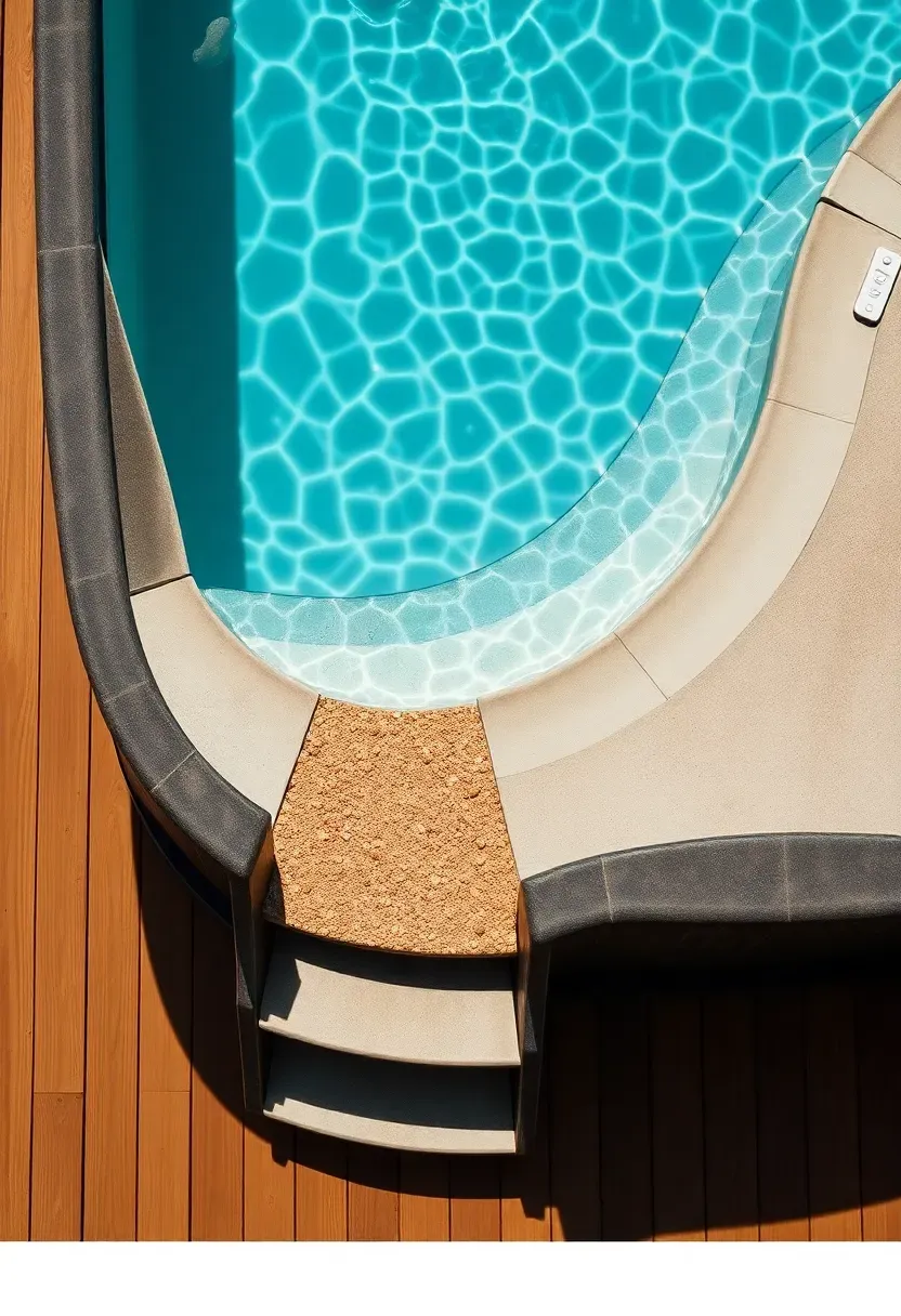 Hyper-realistic 3/4 view of above-ground pool with curved beach entry slope on one side replacing traditional ladder. Materials: concrete slope finished with exposed tan aggregate for non-slip texture, dark pool framework, pool water showing shallow depth over beach entry surface with lighter turquoise tones, surrounding deck in warm wood tones. Bright midday sunlight from above, revealing texture variations on beach entry surface and water depth progression. Resort-style accessibility mood showing pool with natural, gradual entry. Water surface calm with gentle movement at slope transition. Visible comfortable access point, absence of ladder. Clean composition emphasizing beach entry design. No text, no logos, no watermarks.</p>