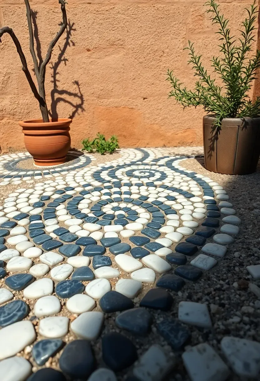 A decorative mosaic pebble walkway with swirling patterns in white and dark river stones set in a Mediterranean backyard