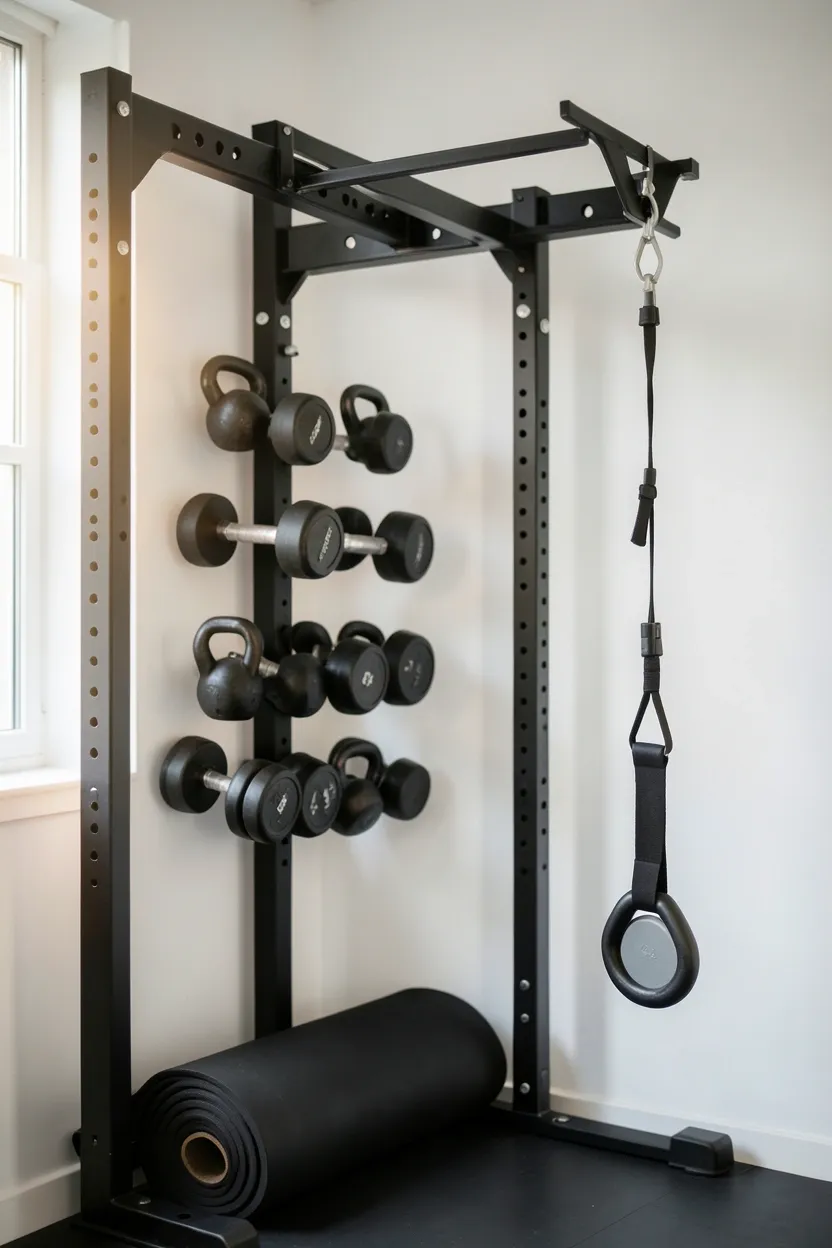 Vertical wall-mounted strength station with dumbbell racks and hooks covering an entire wall in a space-saving home gym setup