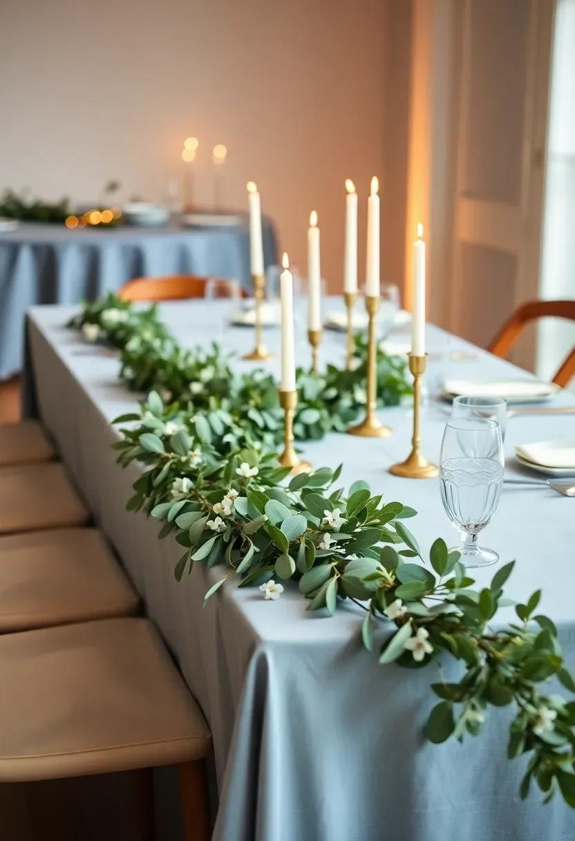elegant blue and eucalyptus baby shower with greenery garland and soft blue linens