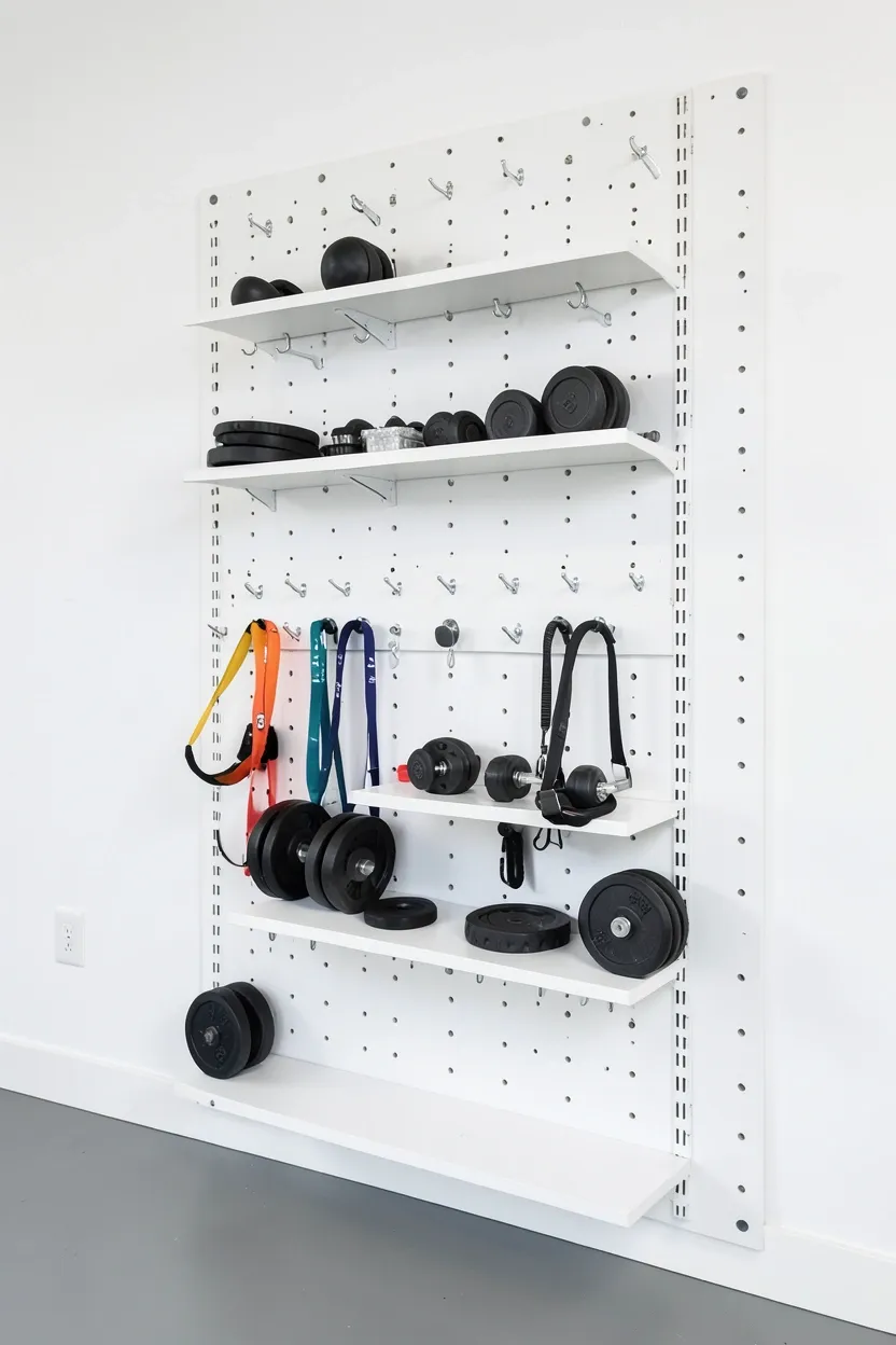 Modular wall panel system with customizable hooks and shelves organizing kettlebells, ropes, and accessories in a small home gym