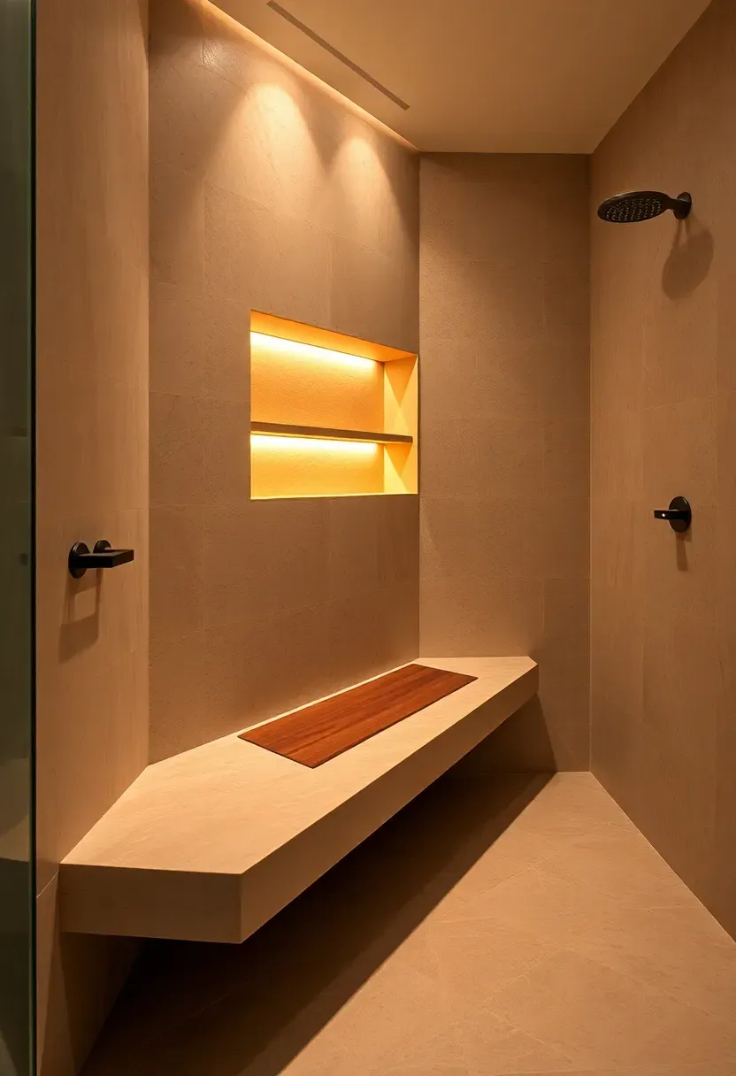 Built-in stone bench seat inside a large walk-in shower with warm lighting