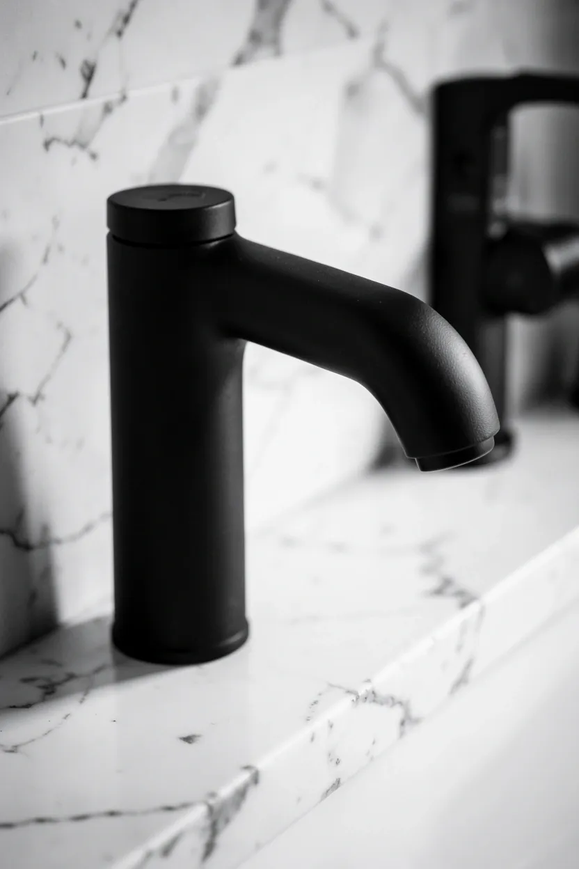 Matte black faucet and shower fixtures contrasting with white marble tiles in a striking modern elegant bathroom