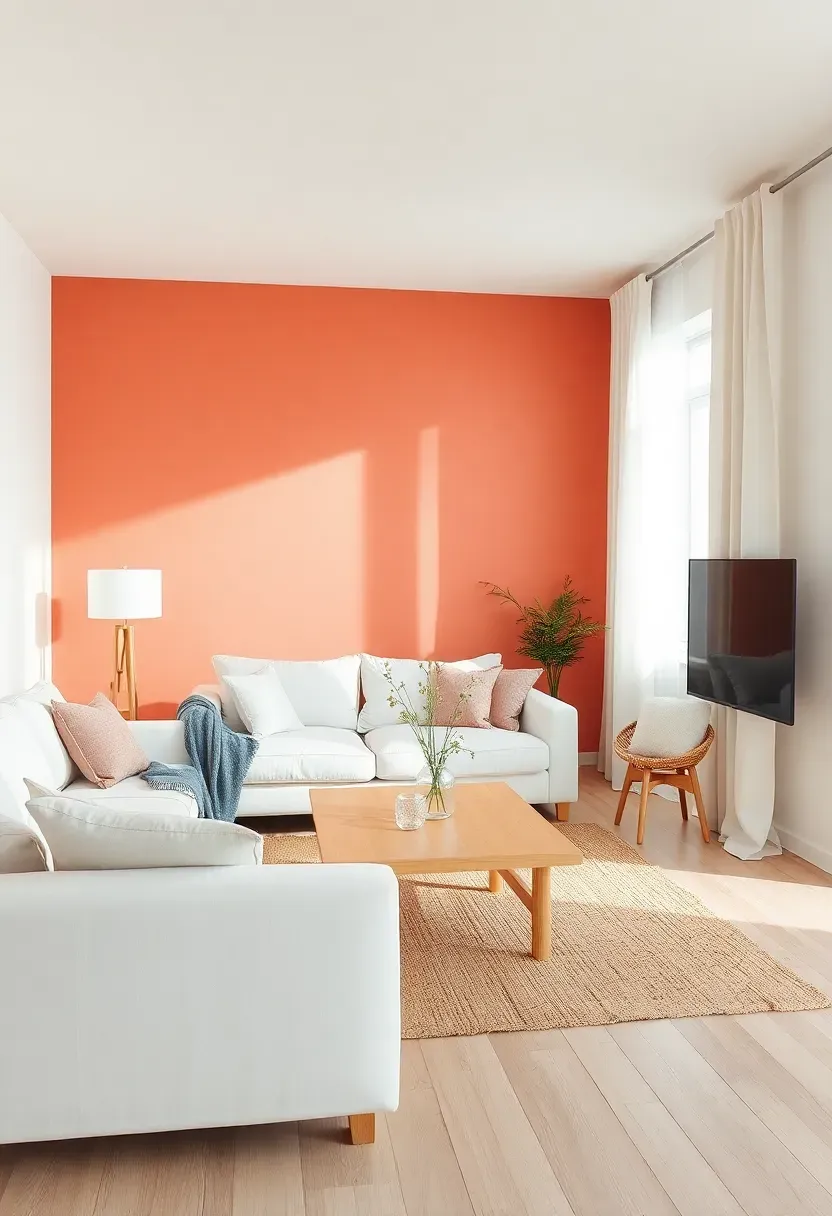 Hyper-realistic 3/4 view of a minimalist living room with soft coral accent wall, white sofa, light oak coffee table, and white linen curtains. Materials: matte soft coral paint, white cotton upholstery, light oak wood, white linen drapes, jute area rug. Soft natural daylight with warm shadows, inviting and energetic yet calm atmosphere. Clean composition with negative space, sharp texture details, no clutter, no text, no watermarks.</p>