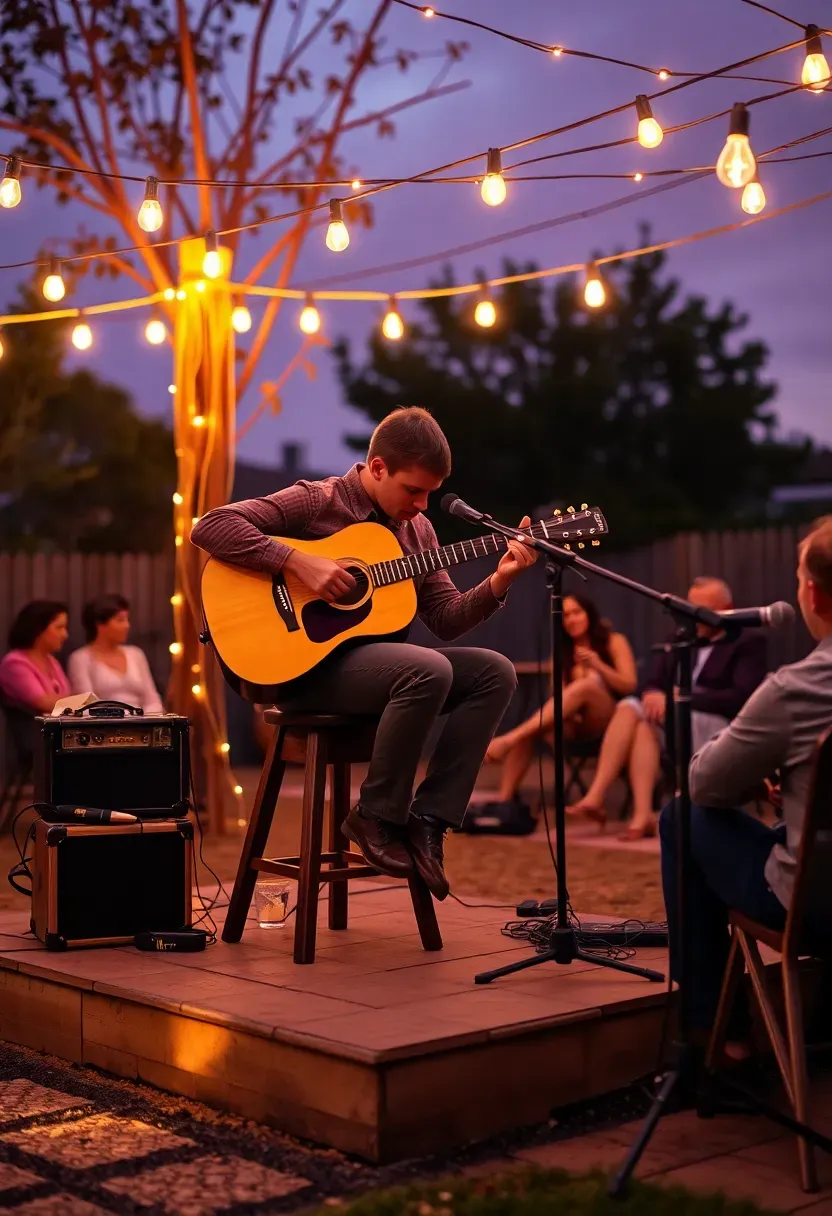 Live acoustic musician playing guitar on a small backyard stage with string lights, guests listening nearby at a casual evening engagement party