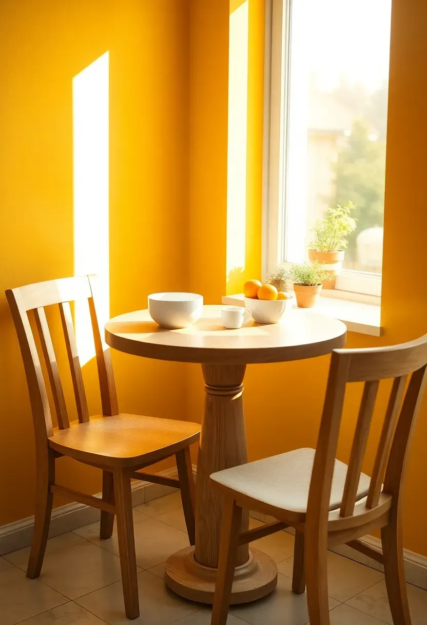 bright breakfast nook with amber glow yellow painted walls and a small round table with fresh fruit