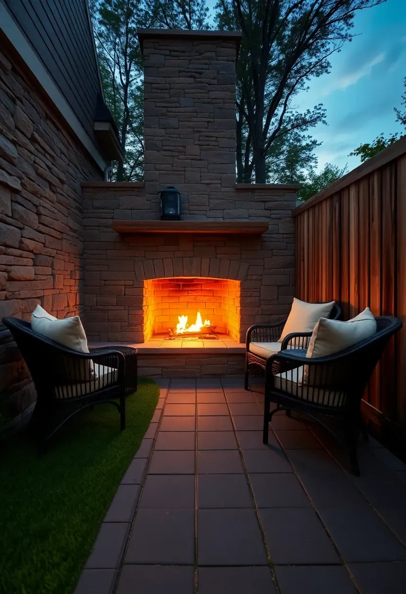 A cozy corner fireplace built from stacked stone with a paver floor area and a curved border of artificial turf creating a private seating nook in a backyard