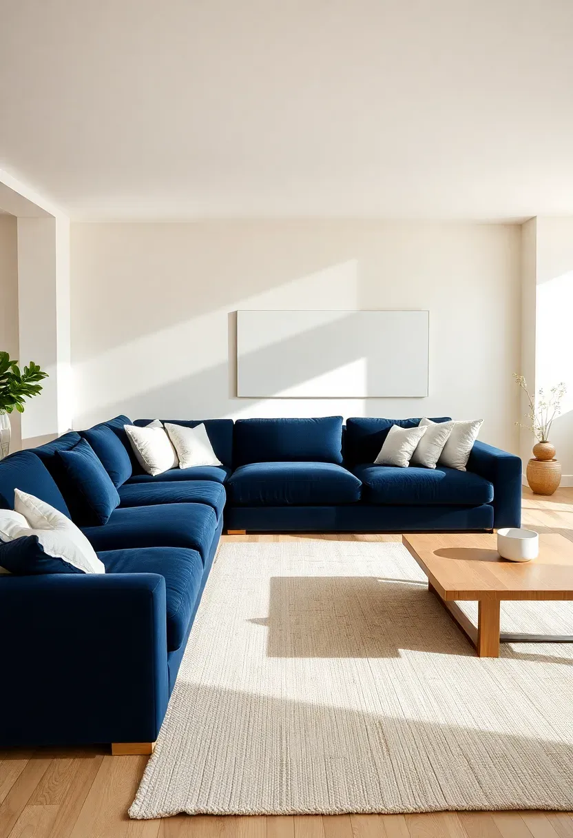 Hyper-realistic 3/4 view of minimalist living room with large navy blue sectional sofa, cream walls, white ceiling, cream area rug, light oak coffee table, cream throw pillows. Materials: cream matte paint, navy blue velvet sofa upholstery, cream wool rug, light oak wood, white linen pillows. Soft natural daylight, subtle shadows showing navy's depth against cream, sophisticated and calming atmosphere. Clean composition with negative space, sharp fabric textures, no clutter, no text, no logos.</p>