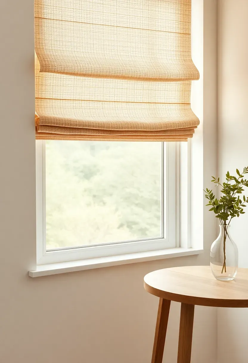 Layered insulated Roman blinds in a sunroom providing privacy and insulation, warm linen tones, soft afternoon light