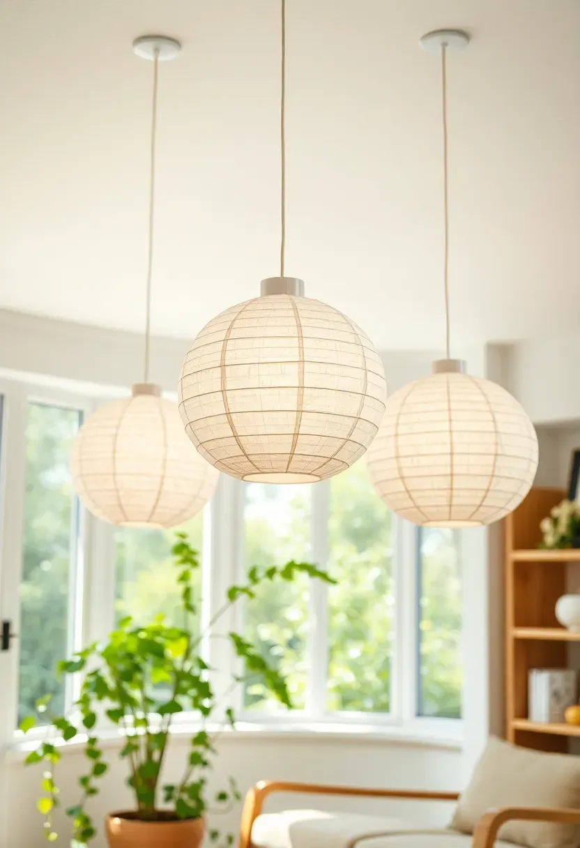 Three paper globe pendant lights at different heights hanging in a bright white sunroom with natural wood furniture and green plants