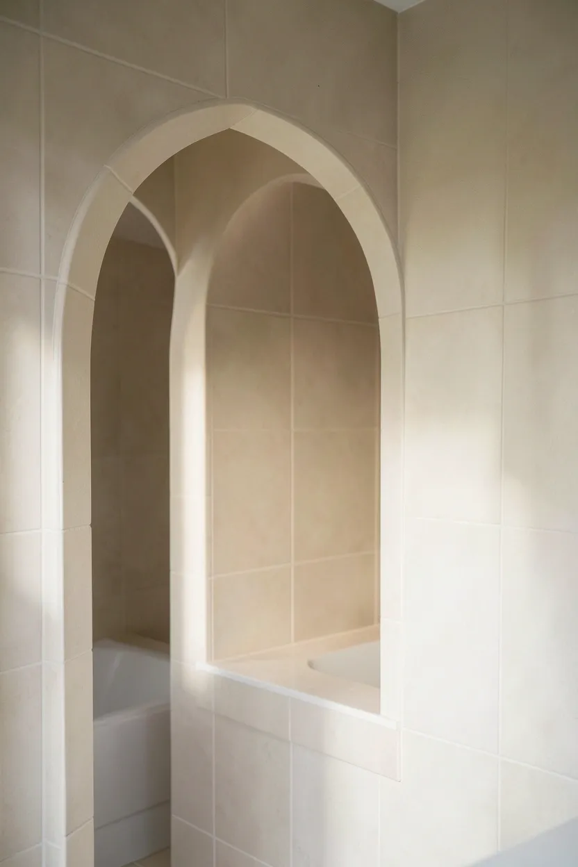 Bathroom with arched curved niche and soft rounded wall accents for organic modern design
