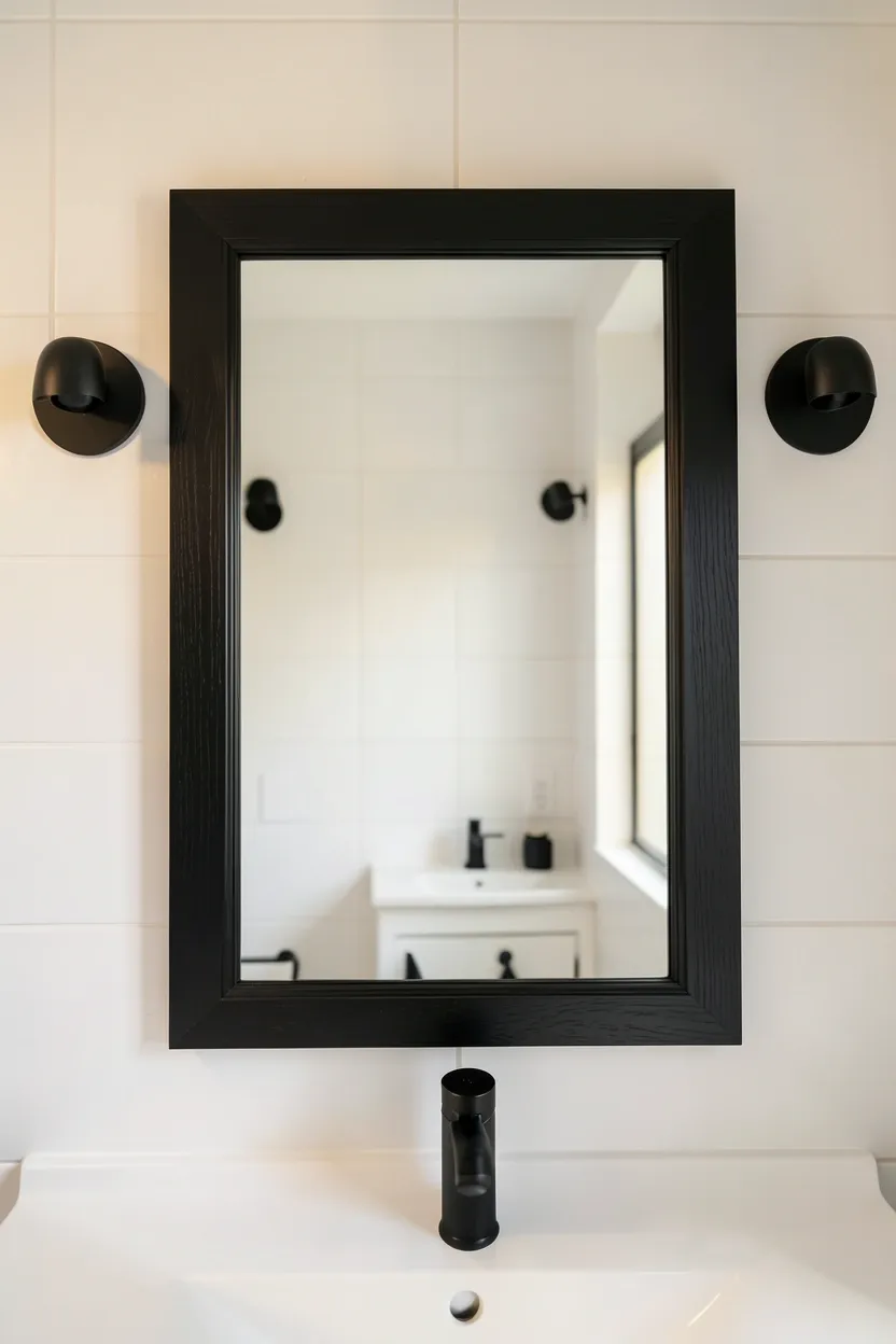 DIY black-framed bathroom mirror above white vanity — budget peel-and-stick trim for a renter-friendly upgrade