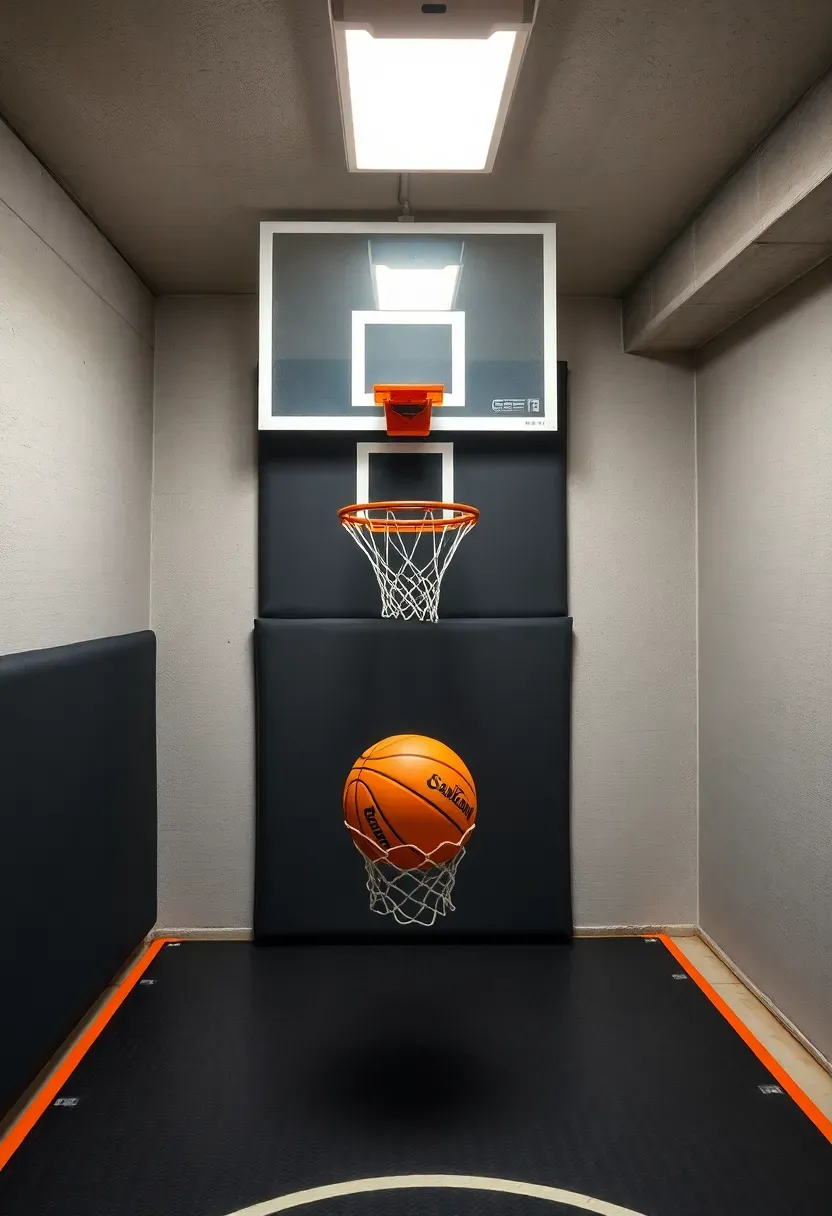 compact indoor basketball shooting range in a basement with padded backstop and rubberized flooring