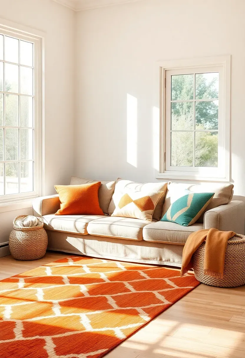 Neutral sunroom with beige sofa and white walls accented by bold geometric-patterned throw pillows and a vibrant orange area rug in bright daylight
