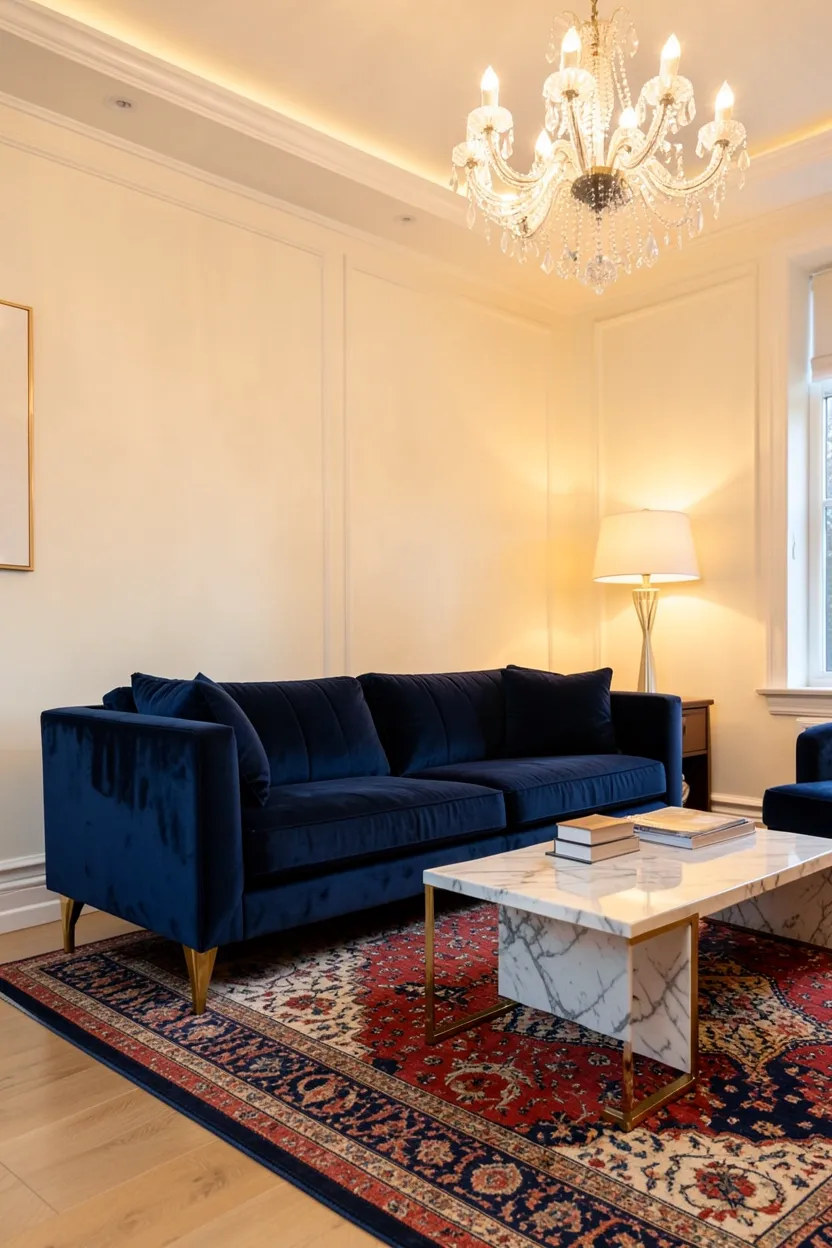 Deep navy velvet sofa with polished brass legs and layered throw pillows in a modern luxury living room