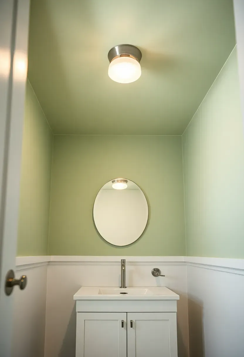 Sage green painted bathroom ceiling above white tile walls — moody accent wall idea for a small rental bathroom