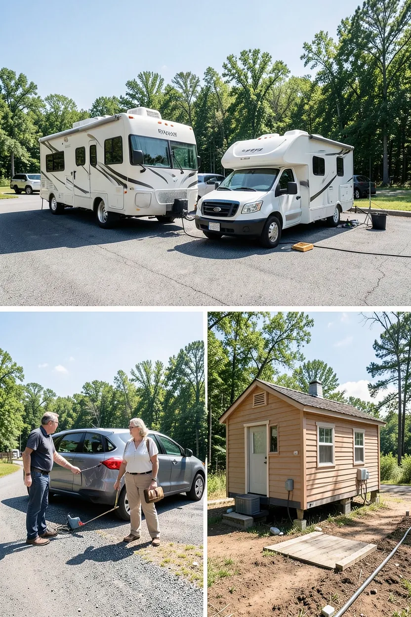RV parked at a full-hookup campground site next to a tiny house on a rented rural lot showing contrasting parking and land options