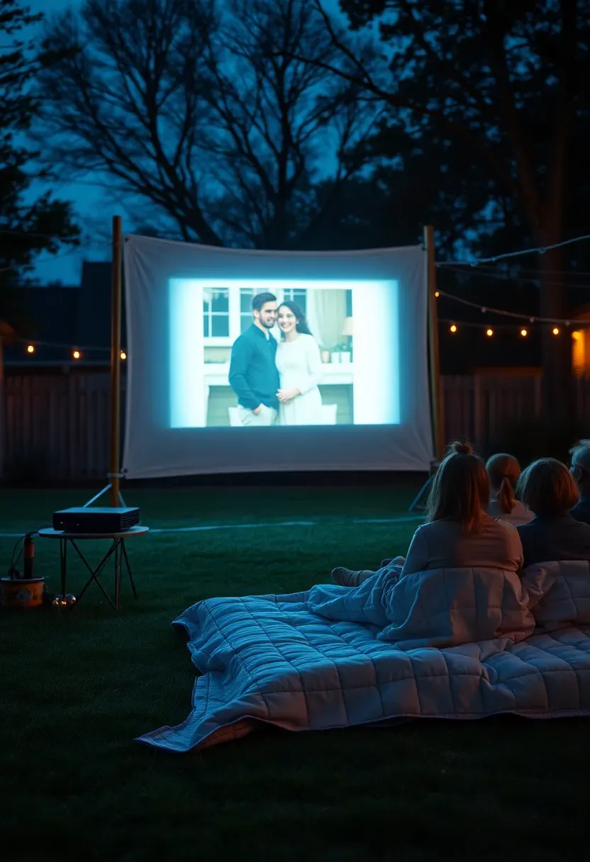 Outdoor projector showing a photo slideshow of a couple on a white sheet screen in a backyard at night with guests seated on blankets watching
