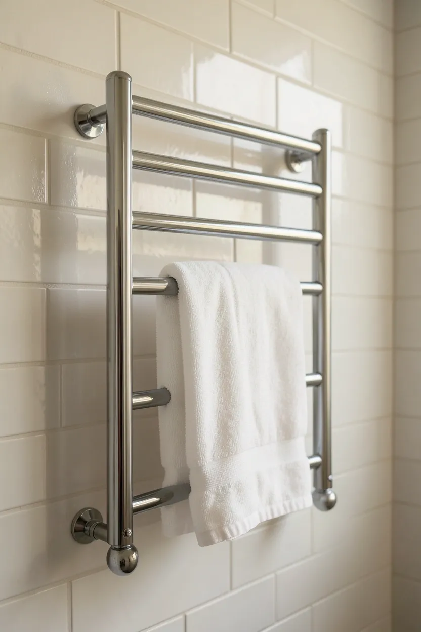 Chrome wall-mounted electric towel warmer with folded white towels in a modern small apartment bathroom