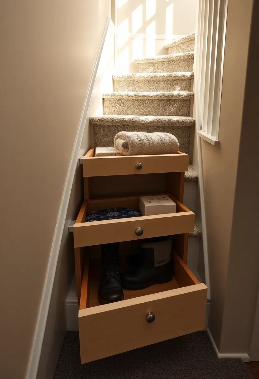 Staircase leading to a basement with custom pull-out drawers built into each step riser, showing stored shoes and seasonal items inside