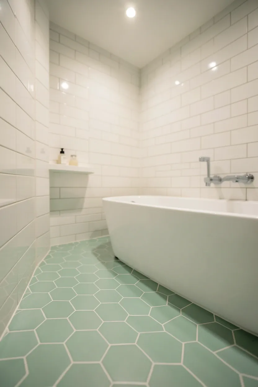Rental bathroom floor with hexagonal seafoam green ceramic tiles and white grout, paired with white walls for an airy spa-like effect
