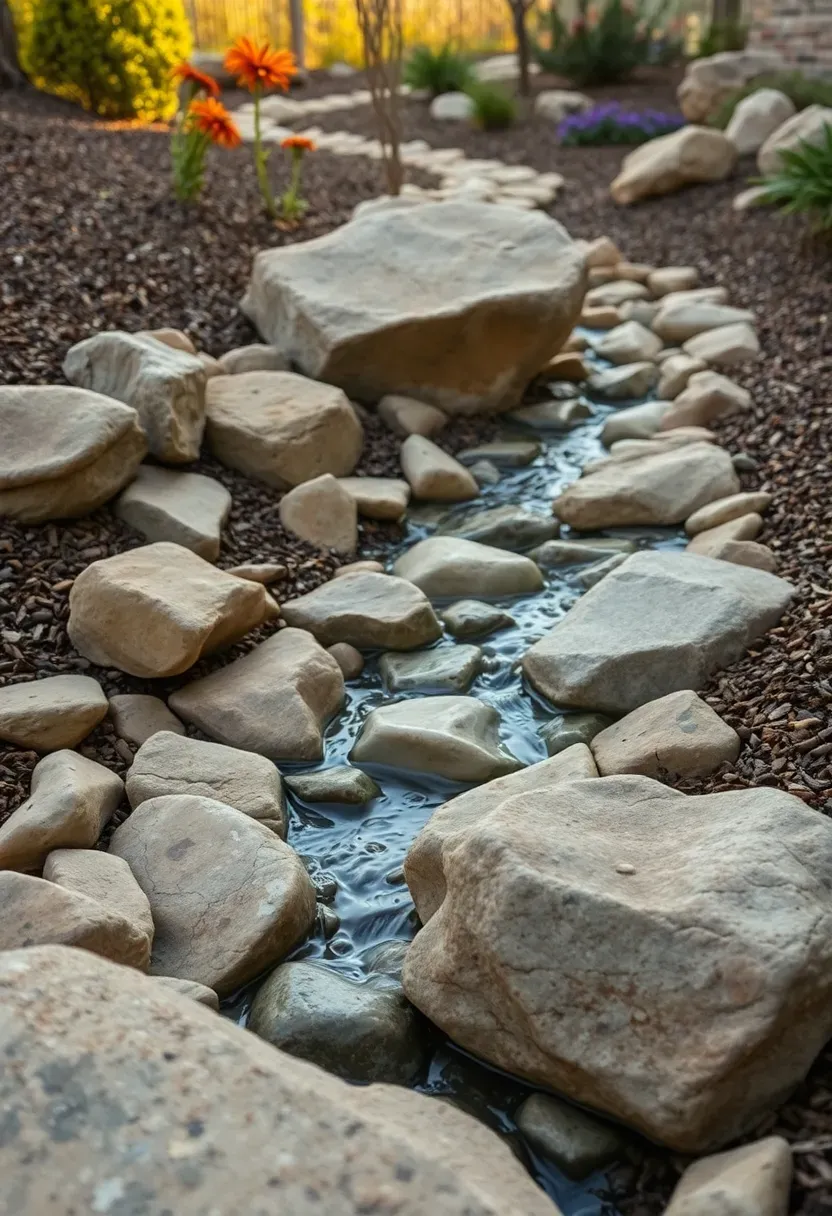 Winding dry creek bed made of smooth river stones and larger boulders with a thin recirculating water flow running through a sloped backyard garden